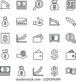 Thin Line Icon Set - safe vector, dollar sign, money bag, crisis graph, cash, receipt, credit card, wallet, growth, search, investment