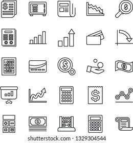 Thin Line Icon Set - safe vector, growth statistic, calculator, abacus, crisis graph, cash, receipt, news, bar, point, contract, credit card, money search, investment, presentation