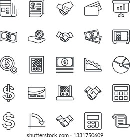 Thin Line Icon Set - safe vector, handshake, dollar sign, abacus, crisis graph, cash, receipt, news, calculator, pie, credit card, money search, investment, presentation, contract