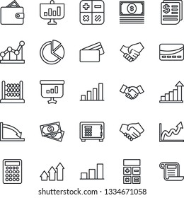 Thin Line Icon Set - safe vector, handshake, growth statistic, calculator, cash, receipt, bar graph, pie, abacus, point, credit card, arrow up, wallet, crisis, presentation, contract