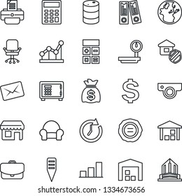 Thin Line Icon Set - safe vector, office chair, dollar sign, calculator, binder, money bag, stamp, printer, plant label, warehouse, oil barrel, heavy scales, bar graph, point, cushioned furniture