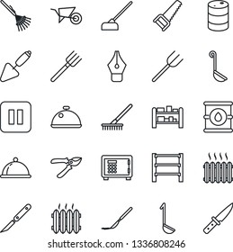 Thin Line Icon Set - safe vector, trowel, farm fork, rake, wheelbarrow, pruner, saw, hoe, scalpel, oil barrel, rack, pause button, ink pen, heater, dish, ladle, knife