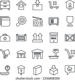 Thin Line Icon Set - safe vector, bird house, doctor case, container, fragile, cargo, warehouse storage, up side sign, no trolley, package, heavy scales, search, radio, blank box, archive, mailbox