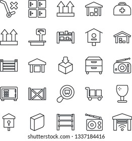 Thin Line Icon Set - safe vector, checkroom, bird house, doctor case, container, fragile, cargo, up side sign, no trolley, warehouse, package, heavy scales, search, rack, radio, blank box, archive