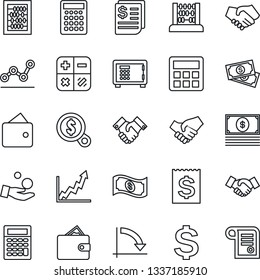Thin Line Icon Set - safe vector, handshake, dollar sign, calculator, abacus, crisis graph, cash, receipt, point, wallet, growth, money search, investment, contract