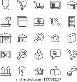 Thin Line Icon Set - safe vector, bird house, doctor case, container, fragile, cargo, warehouse storage, up side sign, no trolley, package, heavy scales, search, blank box, archive, mailbox