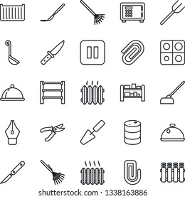 Thin Line Icon Set - safe vector, trowel, farm fork, rake, pruner, hoe, scalpel, cargo container, oil barrel, rack, pause button, application, paper clip, ink pen, heater, dish, ladle, knife