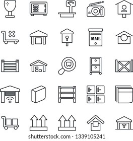 Thin Line Icon Set - safe vector, checkroom, bird house, container, fragile, cargo, warehouse storage, up side sign, no trolley, heavy scales, search, rack, radio, blank box, archive, mailbox