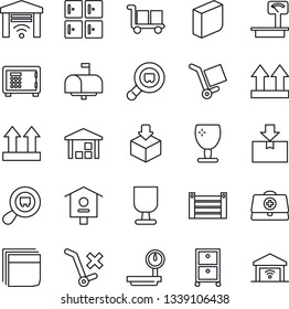 Thin Line Icon Set - safe vector, checkroom, bird house, doctor case, container, fragile, cargo, up side sign, no trolley, warehouse, package, heavy scales, search, blank box, archive, mailbox