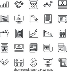 Thin Line Icon Set - safe vector, handshake, dollar sign, calculator, abacus, crisis graph, cash, receipt, news, bar, point, contract, credit card, growth, presentation