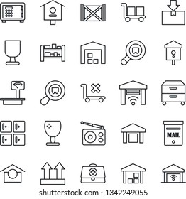 Thin Line Icon Set - safe vector, checkroom, bird house, doctor case, container, fragile, cargo, warehouse storage, up side sign, no trolley, package, heavy scales, search, rack, radio, archive box