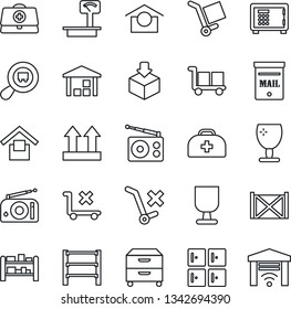 Thin Line Icon Set - safe vector, checkroom, doctor case, container, fragile, cargo, warehouse storage, up side sign, no trolley, package, heavy scales, search, rack, radio, archive box, mailbox