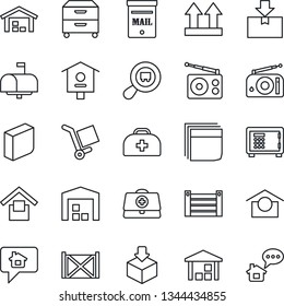 Thin Line Icon Set - safe vector, bird house, doctor case, container, cargo, warehouse storage, up side sign, package, search, radio, blank box, archive, mailbox, home message