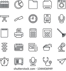 Thin Line Icon Set - safe vector, notepad, calendar, printer, rake, picnic table, stethoscope, traffic light, clock, microphone, news, speaker, hdmi, calculator, alarm, folder, pie graph, knife