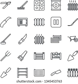 Thin Line Icon Set - safe vector, trowel, farm fork, rake, wheelbarrow, pruner, saw, hoe, garden knife, scalpel, cargo container, oil barrel, rack, pause button, application, heater, radiator