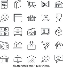 Thin Line Icon Set - safe vector, checkroom, container, fragile, cargo, warehouse storage, up side sign, no trolley, package, search, radio, blank box, archive, mailbox, garage gate control