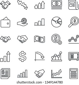 Thin Line Icon Set - safe vector, handshake, growth statistic, dollar sign, crisis graph, cash, receipt, news, bar, pie, point, arrow up, wallet, money search, investment, calculator
