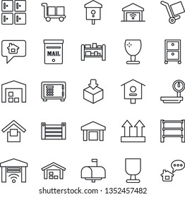 Thin Line Icon Set - safe vector, checkroom, bird house, container, fragile, cargo, warehouse storage, up side sign, package, heavy scales, rack, archive box, mailbox, garage gate control