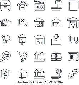 Thin Line Icon Set - safe vector, bird house, doctor case, cargo, warehouse storage, up side sign, no trolley, package, heavy scales, search, radio, blank box, archive, mailbox, garage gate control