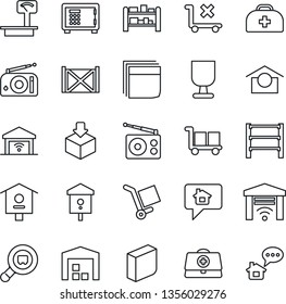 Thin Line Icon Set - safe vector, bird house, doctor case, container, fragile, cargo, warehouse storage, no trolley, package, heavy scales, search, rack, radio, blank box, garage gate control
