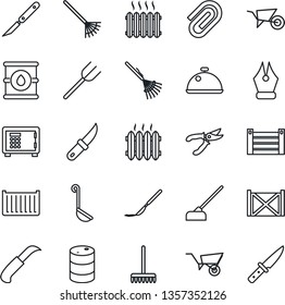 Thin Line Icon Set - safe vector, farm fork, rake, wheelbarrow, pruner, hoe, garden knife, scalpel, cargo container, oil barrel, paper clip, ink pen, heater, dish, ladle