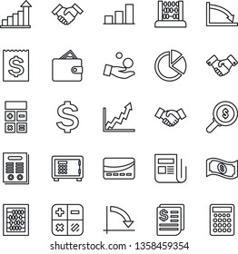 Thin Line Icon Set - safe vector, handshake, growth statistic, dollar sign, calculator, abacus, crisis graph, receipt, news, bar, pie, contract, credit card, wallet, money search, investment, cash