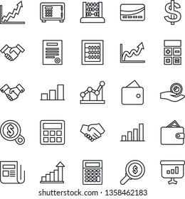 Thin Line Icon Set - safe vector, handshake, growth statistic, dollar sign, calculator, abacus, news, bar graph, point, contract, credit card, wallet, money search, investment, presentation