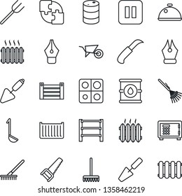 Thin Line Icon Set - safe vector, trowel, farm fork, rake, wheelbarrow, saw, garden knife, cargo container, oil barrel, rack, pause button, application, ink pen, heater, dish, ladle, radiator