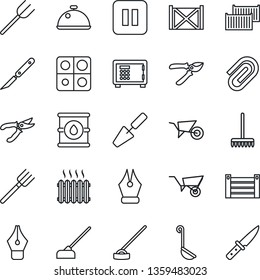 Thin Line Icon Set - safe vector, trowel, farm fork, rake, wheelbarrow, pruner, hoe, scalpel, cargo container, oil barrel, pause button, application, paper clip, ink pen, heater, dish, ladle, knife