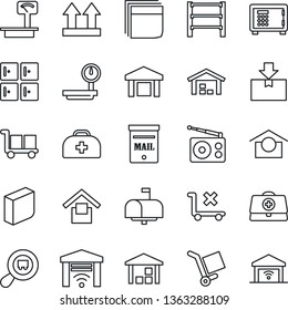 Thin Line Icon Set - safe vector, checkroom, doctor case, cargo, warehouse storage, up side sign, no trolley, package, heavy scales, search, rack, radio, blank box, mailbox, garage gate control