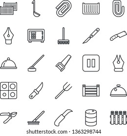 Thin Line Icon Set - safe vector, farm fork, rake, pruner, saw, hoe, garden knife, scalpel, cargo container, oil barrel, pause button, application, paper clip, ink pen, dish, ladle, radiator