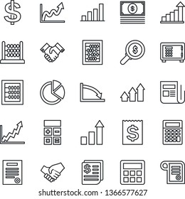 Thin Line Icon Set - safe vector, growth statistic, dollar sign, calculator, abacus, receipt, news, bar graph, pie, handshake, contract, arrow up, crisis, money search, cash