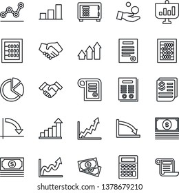 Thin Line Icon Set - safe vector, growth statistic, abacus, crisis graph, cash, receipt, bar, pie, point, handshake, contract, arrow up, investment, calculator, presentation