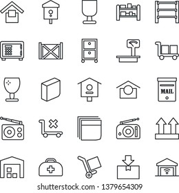Thin Line Icon Set - safe vector, bird house, doctor case, container, fragile, cargo, warehouse storage, up side sign, no trolley, package, heavy scales, rack, radio, blank box, archive, mailbox