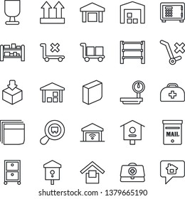 Thin Line Icon Set - safe vector, bird house, doctor case, fragile, cargo, warehouse storage, up side sign, no trolley, package, heavy scales, search, rack, blank box, archive, mailbox, home message