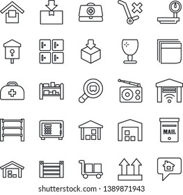 Thin Line Icon Set - safe vector, checkroom, bird house, doctor case, container, fragile, cargo, warehouse storage, up side sign, no trolley, package, heavy scales, search, rack, radio, blank box