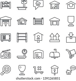 Thin Line Icon Set - safe vector, bird house, container, fragile, cargo, warehouse storage, up side sign, no trolley, package, heavy scales, search, rack, radio, mailbox, garage gate control