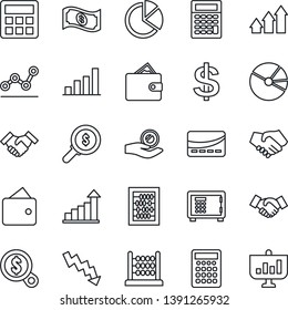 Thin Line Icon Set - safe vector, handshake, growth statistic, dollar sign, abacus, crisis graph, calculator, bar, pie, point, credit card, arrow up, wallet, money search, investment, cash