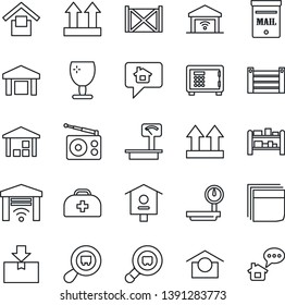 Thin Line Icon Set - safe vector, bird house, doctor case, container, fragile, warehouse storage, up side sign, package, heavy scales, search cargo, rack, radio, blank box, mailbox, home message