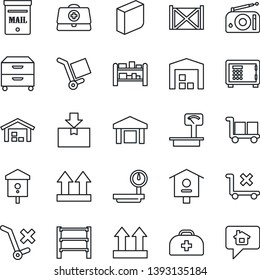 Thin Line Icon Set - safe vector, bird house, doctor case, container, cargo, up side sign, no trolley, warehouse, package, heavy scales, rack, radio, blank box, archive, mailbox, home message