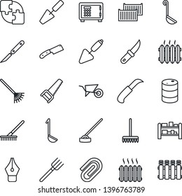 Thin Line Icon Set - safe vector, trowel, farm fork, rake, wheelbarrow, saw, hoe, garden knife, scalpel, cargo container, oil barrel, rack, application, paper clip, ink pen, heater, ladle, radiator