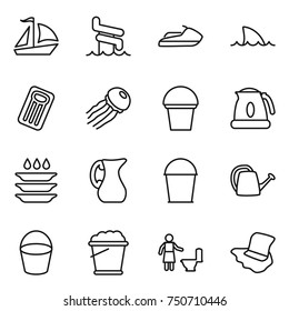 thin line icon set : sail boat, aquapark, jet ski, shark flipper, inflatable mattress, jellyfish, bucket, kettle, plate washing, jug, watering can, foam, toilet cleaning, floor