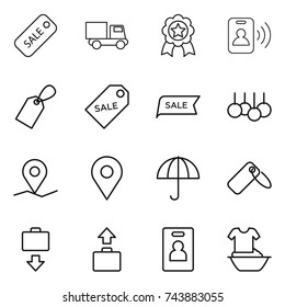 thin line icon set : sale, truck, medal, pass card, label, geo pin, dry cargo, baggage get, identity, handle washing