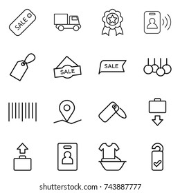 thin line icon set : sale, truck, medal, pass card, label, bar code, geo pin, baggage get, identity, handle washing, please clean