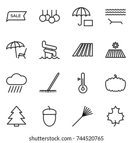 thin line icon set : sale, insurance, lounger, aquapark, field, rain cloud, rake, thermometer, pumpkin, spruce, acorn, maple leaf