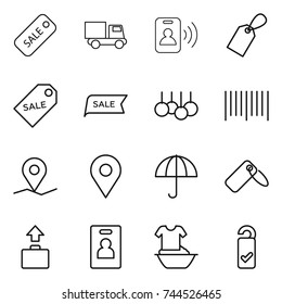 thin line icon set : sale, truck, pass card, label, bar code, geo pin, dry cargo, baggage, identity, handle washing, please clean