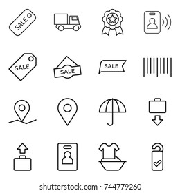 thin line icon set : sale, truck, medal, pass card, label, bar code, geo pin, dry cargo, baggage get, identity, handle washing, please clean