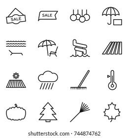 thin line icon set : sale, insurance, lounger, aquapark, field, rain cloud, rake, thermometer, pumpkin, spruce, maple leaf