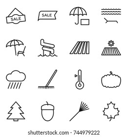 thin line icon set : sale, insurance, lounger, aquapark, field, rain cloud, rake, thermometer, pumpkin, spruce, acorn, maple leaf
