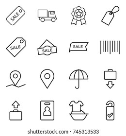 thin line icon set : sale, truck, medal, label, bar code, geo pin, dry cargo, baggage get, identity card, handle washing, please clean